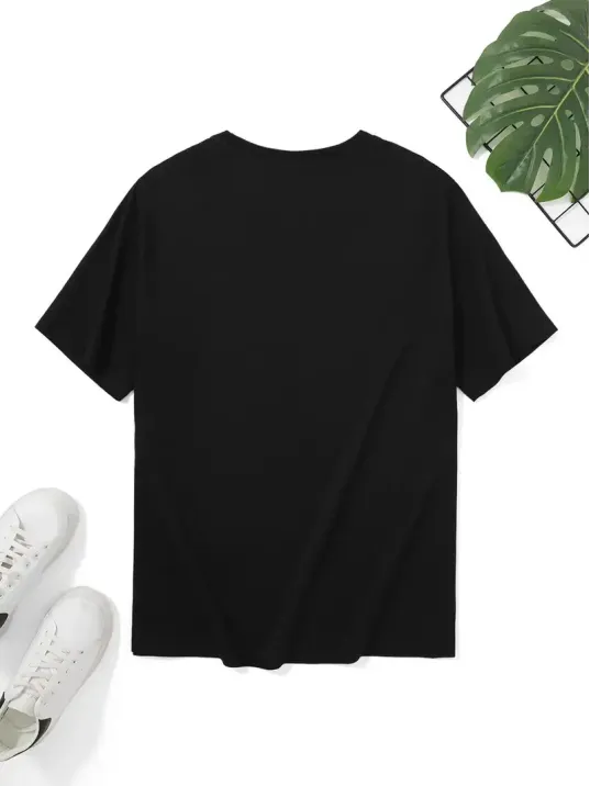 20/1 Penye Compack Palmiye Ön Baskılı Oversize Bisiklet Yaka Kısa Kol Yazlık T-shirt - Siyah