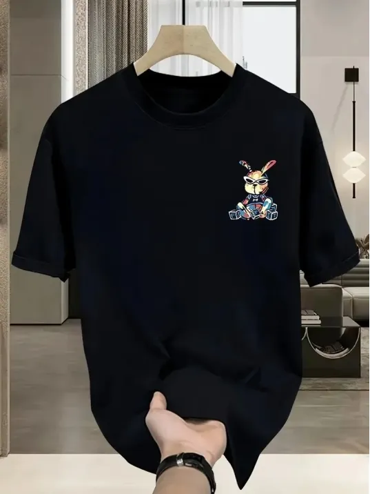 Güneş Gözlüğü Grafikli Karikatür Tavşan Oversize Kısa Kollu Tişört Çift Tişört, İlkbahar Ve Yaz- Siyah