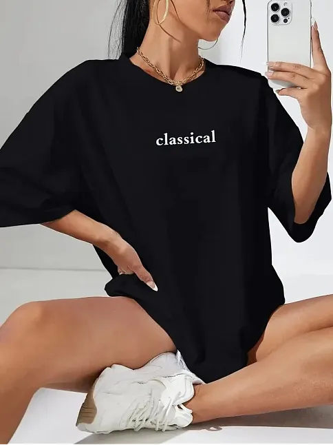 20/1 Penye Compack Classical Baskılı Siyah Oversize Tişort - Siyah