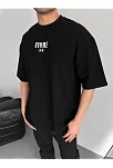 Baskılı Oversize Bisiklet Yaka T-shirt - Siyah