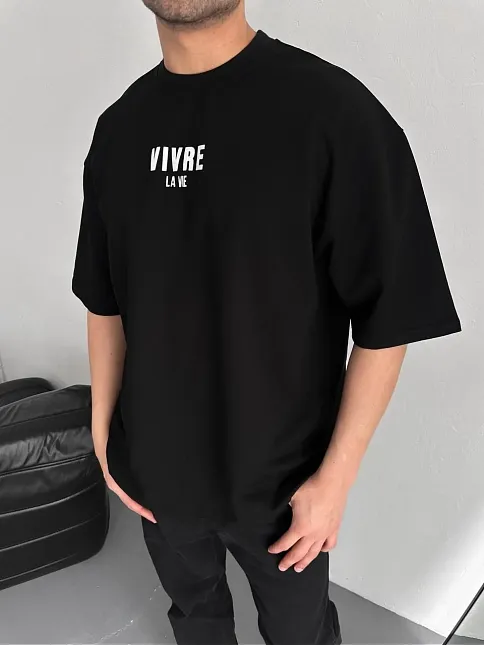 Baskılı Oversize Bisiklet Yaka T-shirt - Siyah