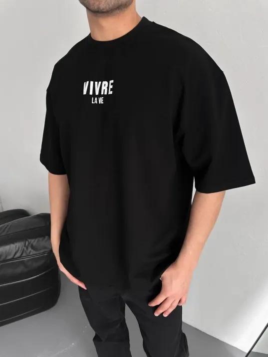 Baskılı Oversize Bisiklet Yaka T-shirt - Siyah Baskılı Oversize Bisiklet Yaka T-shirt - Siyah