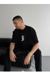 Baskılı Oversize Bisiklet Yaka T-shirt - Siyah