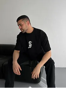 Baskılı Oversize Bisiklet Yaka T-shirt - Siyah