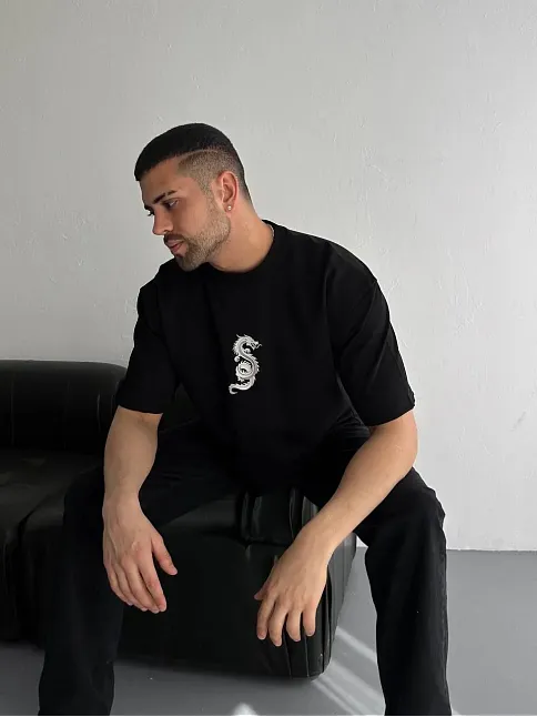 Baskılı Oversize Bisiklet Yaka T-shirt - Siyah