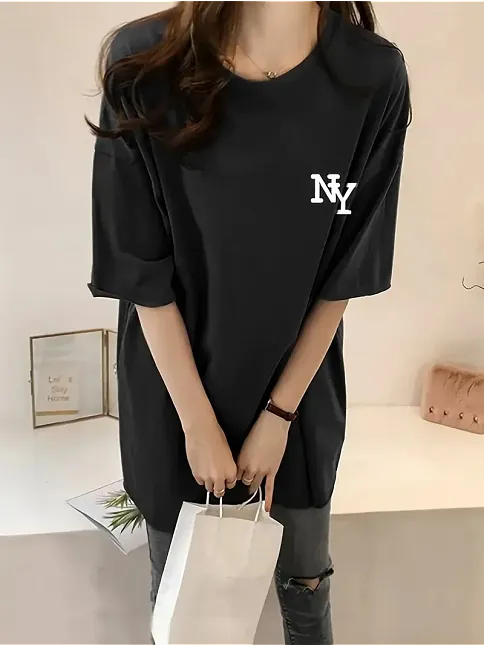 Kadın Eğlenceli Harf Ny Baskılı Bisiklet Yaka Tişört - Rahat Polyester, Makinede Yıkanabilir - Yaz Ve Fitness İçin Mükemmel, Yuvarlak Yaka - Siyah