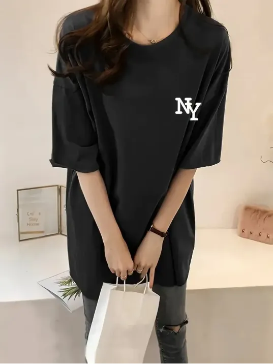 Kadın Eğlenceli Harf NY Baskılı Bisiklet Yaka Tişört - Rahat Polyester, Makinede Yıkanabilir - Yaz ve Fitness için Mükemmel, Yuvarlak Yaka - Siyah Kadın Eğlenceli Harf NY Baskılı Bisiklet Yaka Tişört - Rahat Polyester, Makinede Yıkanabilir - Yaz ve Fitness için Mükemmel, Yuvarlak Yaka - Siyah