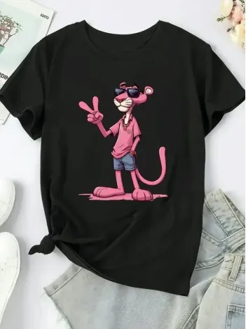 20/1 Penye Compack Pembe Panter Baskılı Oversize Bisiklet Yaka Kısa Kol Yazlık T-shirt - Beyaz