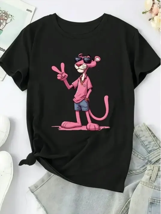 20/1 Penye Compack Pembe Panter Baskılı Oversize Bisiklet Yaka Kısa Kol Yazlık T-shirt - Beyaz 20/1 Penye Compack Pembe Panter Baskılı Oversize Bisiklet Yaka Kısa Kol Yazlık T-shirt - Beyaz