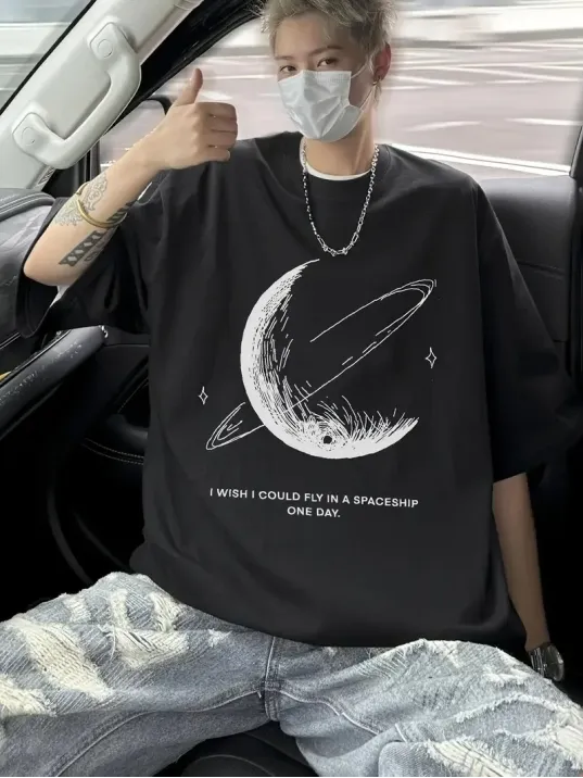 Erkekler için Siyah Tişört Grafik Genç Emo Vintage Gotik Rahat Büyük Beden Kısa Kollu Tişört Giysi Üst- Siyah