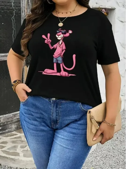20/1 Penye Compack Pembe Panter Baskılı Oversize Bisiklet Yaka Kısa Kol Yazlık T-shirt - Beyaz 20/1 Penye Compack Pembe Panter Baskılı Oversize Bisiklet Yaka Kısa Kol Yazlık T-shirt - Beyaz