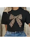Leopar Desenli Fiyonklu Tişört - Rahat Polyester, Makinede Yıkanabilir, Bisiklet Yaka, Kadınlar İçin Yazlık Günlük Üst - Siyah