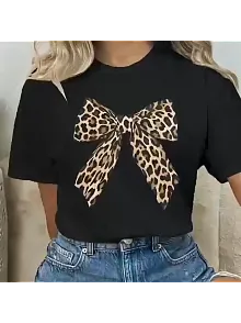 Leopar Desenli Fiyonklu Tişört - Rahat Polyester, Makinede Yıkanabilir, Bisiklet Yaka, Kadınlar İçin Yazlık Günlük Üst - Siyah
