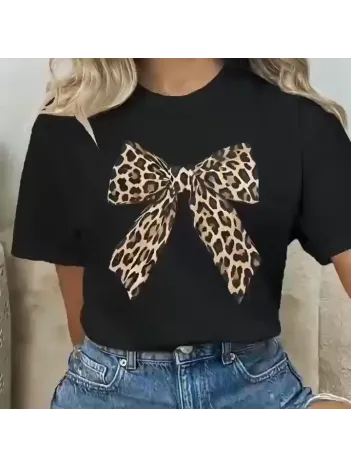 Leopar Desenli Fiyonklu Tişört - Rahat Polyester, Makinede Yıkanabilir, Bisiklet Yaka, Kadınlar için Yazlık Günlük Üst - Siyah Leopar Desenli Fiyonklu Tişört - Rahat Polyester, Makinede Yıkanabilir, Bisiklet Yaka, Kadınlar için Yazlık Günlük Üst - Siyah