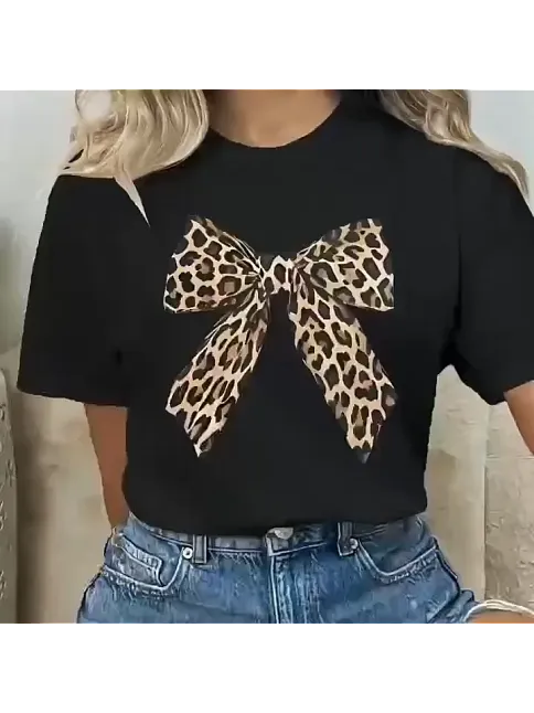 Leopar Desenli Fiyonklu Tişört - Rahat Polyester, Makinede Yıkanabilir, Bisiklet Yaka, Kadınlar İçin Yazlık Günlük Üst - Siyah