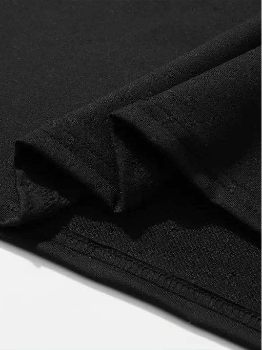 erkek büyük beden Kart baskılı düz renk kısa kollu bisiklet yaka tişört gündelik giyim - Siyah