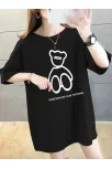 20/1 Penye Compack Ön Arka Baskılı Oversize Bisiklet Yaka T-shirt - Siyah