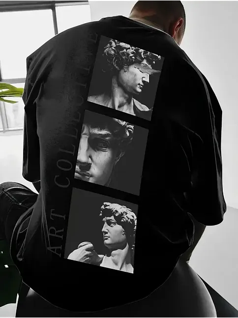 Benzersiz Sırt Baskılı Erkek Sokak Stili Bol Tişört - Nefes Alabilir Polyester, Makinede Yıkanabilir - Siyah