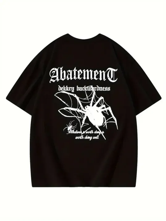 Örümcek Ağı Desenli Baskılı Oversize Bisiklet Yaka T-shirt - Siyah