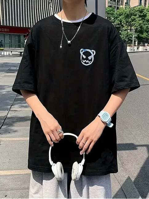 20/1 Penye Compack Bisiklet Yaka Kore Tarzı Sevimli Ayı Baskı Kısa Kol Erkek T-shirt - Siyah