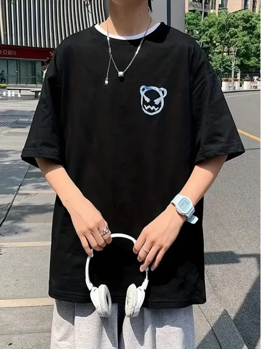 20/1 Penye Compack Bisiklet Yaka Kore tarzı sevimli ayı baskı Kısa Kol Erkek t-shirt - Siyah