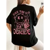Oversize Kadın Karikatür Baskılı Yuvarlak Yaka Düşük Omuz Kısa Kollu Tişört Büyük Beden- Siyah
