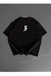 Baskılı Oversize Bisiklet Yaka T-shirt - Siyah