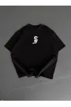 Baskılı Oversize Bisiklet Yaka T-shirt - Siyah