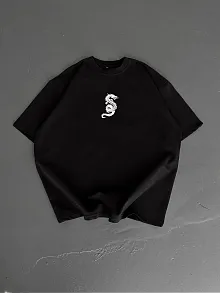 Baskılı Oversize Bisiklet Yaka T-shirt - Siyah