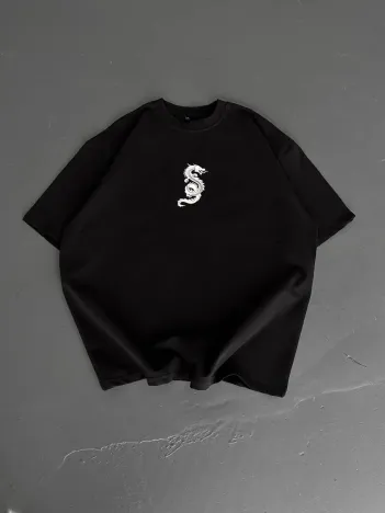 Baskılı Oversize Bisiklet Yaka T-shirt - Siyah