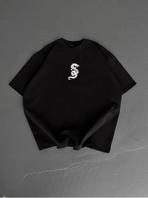 Baskılı Oversize Bisiklet Yaka T-shirt - Siyah