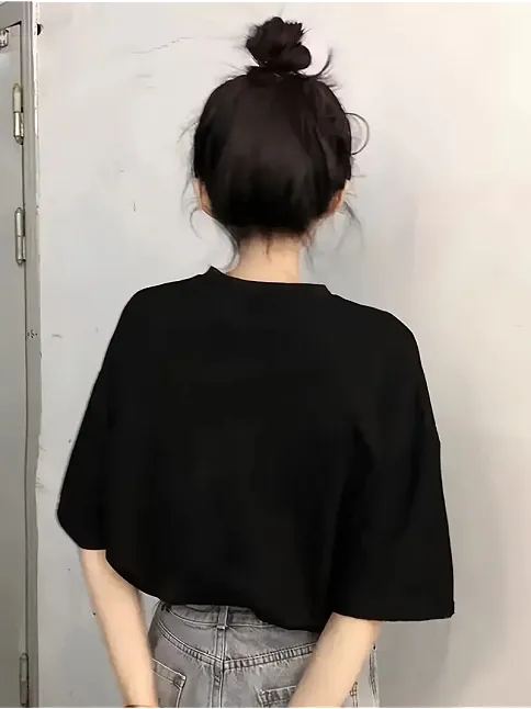 20/1 Penye Compack Baskılı Oversize Kısa Kol Bisiklet Yaka T-shirt - Siyah