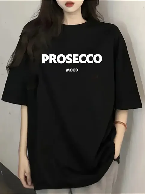 20/1 Penye Compack Baskılı Oversize Kısa Kol Bisiklet Yaka T-shirt - Siyah