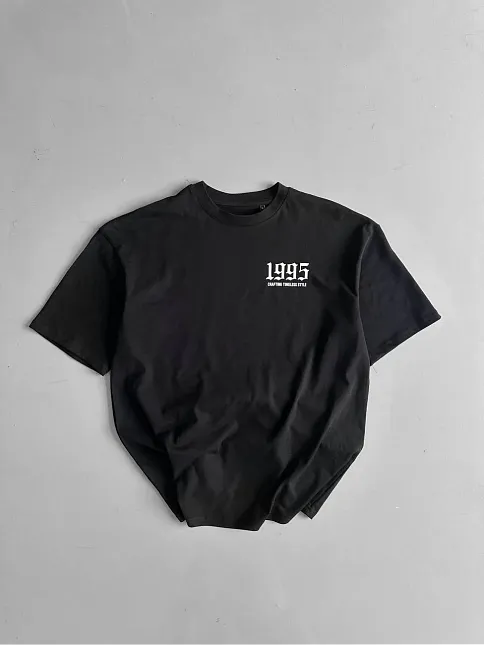20/1 Penye Compack Baskılı Oversize Bisiklet Yaka Kısa Kol Yazlık T-shirt - Siyah