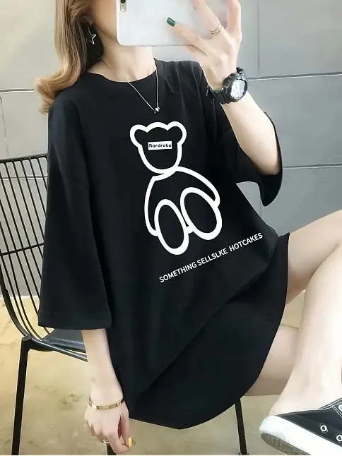 20/1 Penye Compack Ön Arka Baskılı Oversize Bisiklet Yaka T-shirt - Siyah