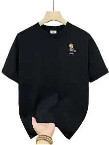 20/1 Penye Compack Gözlüklü Ayı Baskılı Oversize Bisiklet Yaka Erkek T-shirt - Siyah