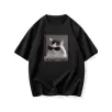 "Neden Bana Bakıyorsun?" Komik Kedi Grafik Tişört - Dijital Baskılı Siyah Bol Kesim Streetwear Tişört, Erkekler için Dört Mevsim Günlük Gömlek - Siyah