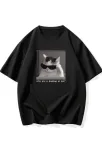 "neden Bana Bakıyorsun?" Komik Kedi Grafik Tişört - Dijital Baskılı Siyah Bol Kesim Streetwear Tişört, Erkekler İçin Dört Mevsim Günlük Gömlek - Siyah