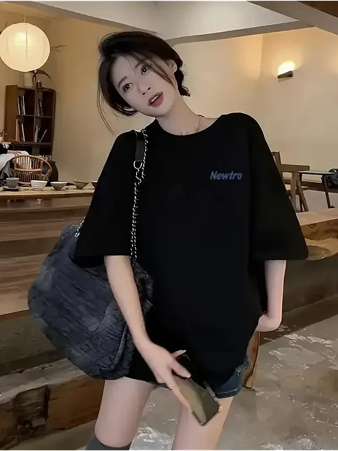 Newtro Baskılı Oversize Bisiklet Yaka T-shirt - Siyah