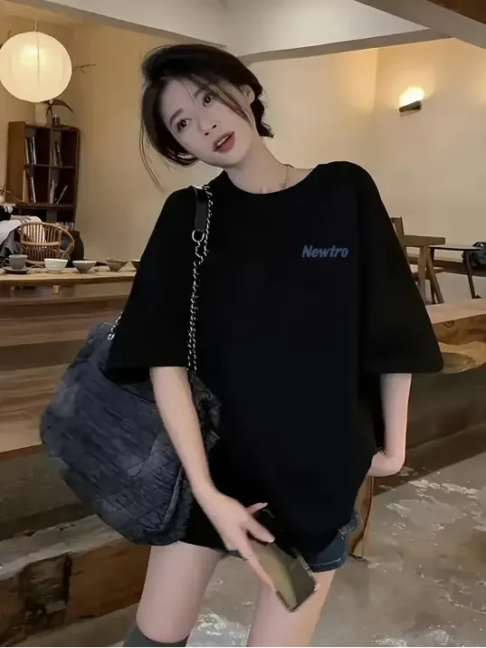 Newtro Baskılı Oversize Bisiklet Yaka T-shirt - Siyah