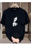 Rahat Bisiklet Yaka Tişört, Yaratıcı Karikatür Baskı - Yumuşak Polyester, Her Mevsim Giyilebilir- Siyah