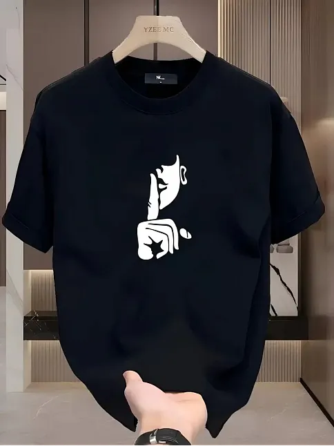 Rahat Bisiklet Yaka Tişört, Yaratıcı Karikatür Baskı - Yumuşak Polyester, Her Mevsim Giyilebilir- Siyah