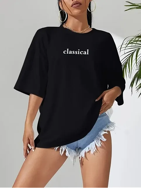 20/1 Penye Compack Classical Baskılı Siyah Oversize Tişort - Siyah