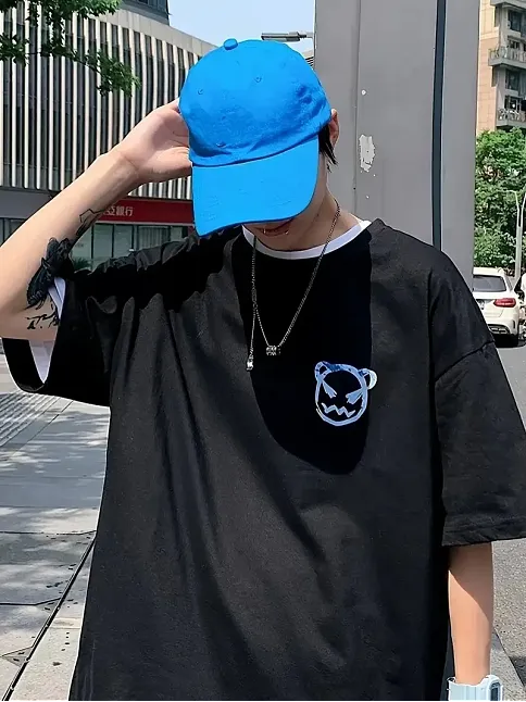 20/1 Penye Compack Bisiklet Yaka Kore Tarzı Sevimli Ayı Baskı Kısa Kol Erkek T-shirt - Siyah