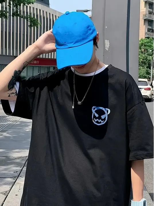 20/1 Penye Compack Bisiklet Yaka Kore tarzı sevimli ayı baskı Kısa Kol Erkek t-shirt - Siyah