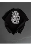 Baskılı Oversize Bisiklet Yaka T-shirt - Siyah