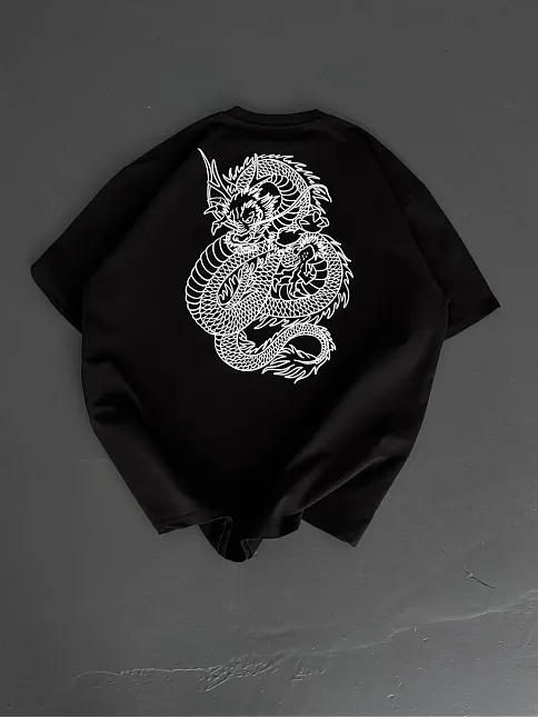 Baskılı Oversize Bisiklet Yaka T-shirt - Siyah