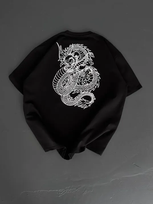 Baskılı Oversize Bisiklet Yaka T-shirt - Siyah