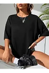 Büyük Boy Ayıcık Baskılı Bisiklet Yaka T-shirt, İlkbahar & Yaz İçin Rahat Kısa Kollu T-shirt, Kadın Giyim - Siyah