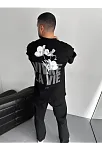Baskılı Oversize Bisiklet Yaka T-shirt - Siyah
